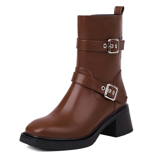 Klarmar Damen Chunky Heel Kurzschaft Stiefel Square Toe Reitstiefel Reitstiefel Reißverschluss Klassische Blockabsatz Stiefeletten Braun Gr 36 EU von Klarmar