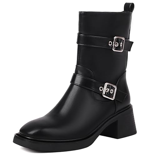 Klarmar Damen Chunky Heel Kurzschaft Stiefel Square Toe Reitstiefel Reitstiefel Reißverschluss Klassische Blockabsatz Stiefeletten Schwarz Gr 38 EU/39 von Klarmar