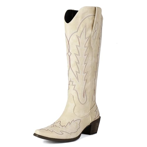 Klarmar Damen Cowboystiefel Hohe Stiefel Knee High Pointed Toe Westernstiefel Blockabsatz Chukka Stiefel Retro Aprikose Gr 40 EU/41 von Klarmar