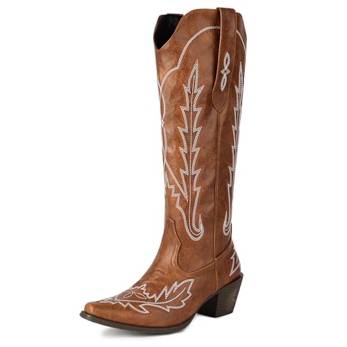 Klarmar Damen Cowboystiefel Hohe Stiefel Knee High Pointed Toe Westernstiefel Blockabsatz Chukka Stiefel Retro Braun Gr 36.5 EU/37 von Klarmar