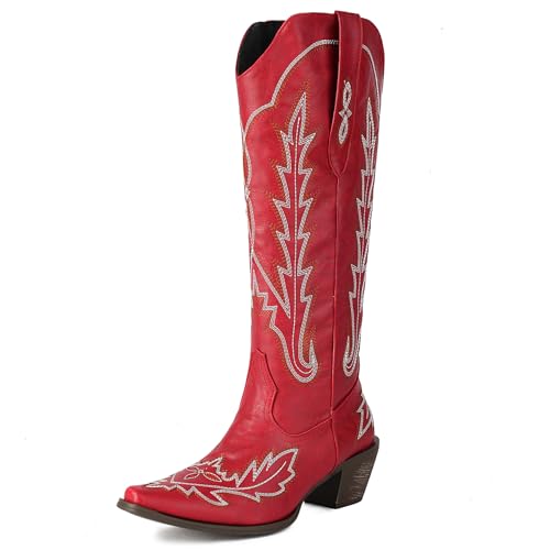 Klarmar Damen Cowboystiefel Hohe Stiefel Knee High Pointed Toe Westernstiefel Blockabsatz Chukka Stiefel Retro Rot Gr 44 EU/46 von Klarmar