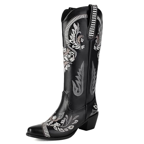 Klarmar Damen Cowboystiefel Hohe Stiefel Knee High Pointed Toe Westernstiefel Blockabsatz Chukka Stiefel Retro Schwarz Gr 36 EU von Klarmar