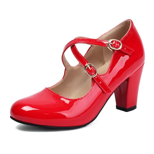Klarmar Damen Cross Strap Block High Schuhe Party Pump Party Abendschuhe Elegant Rot Gr 41 EU/43 von Klarmar