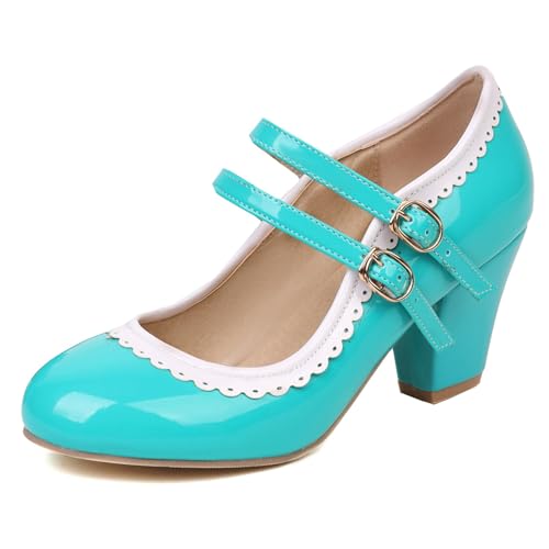 Klarmar Damen Double Schnalle Mary Jane Block Schuhe Lack Leder Party Two-Tone Bride Schuhe Ya-Grün Gr 40.5 EU/42 von Klarmar