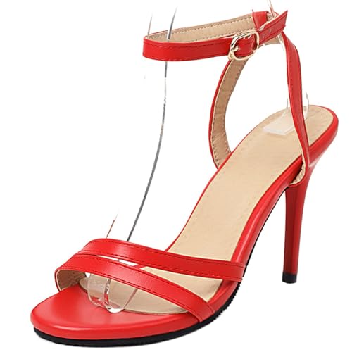 Klarmar Damen Elegant Stilettos Knöchelriemchen Höhe Ferse Sandals Offene Zeh Abend Sandalen Prom Schuhe Hochzeit Rot Gr 40.5 EU/42 von Klarmar
