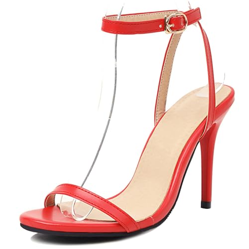 Klarmar Damen Elegant Stilettos Knöchelriemchen Höhe Ferse Sandals Offene Zeh Abend Sandalen Prom Schuhe Hochzeit Rot Gr 48 EU/50 von Klarmar