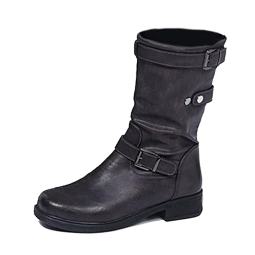 Klarmar Damen Hohe Stiefel Niedrige Absatz Reitstiefel Schnalle Leisure Chukka Stiefel Reißverschluss Runde Zehen Wanderschuhe Grau Gr 36.5 EU/37 von Klarmar