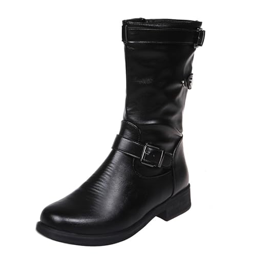 Klarmar Damen Hohe Stiefel Niedrige Absatz Reitstiefel Schnalle Leisure Chukka Stiefel Reißverschluss Runde Zehen Wanderschuhe Schwarz Gr 40.5 EU/42 von Klarmar