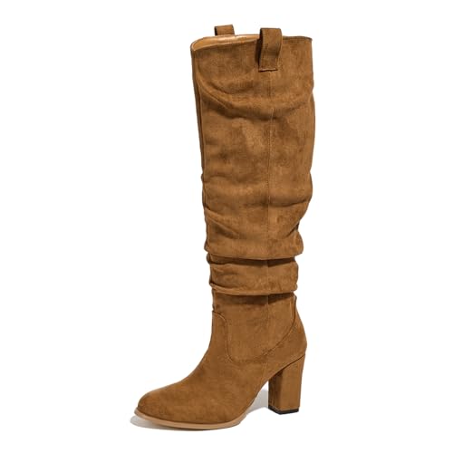 Klarmar Damen Hohen Blockabsatz Overknees Stiefel Wildleder Lockere Stiefel Runde Zehen Loose Braun Gr 38 EU/39 von Klarmar