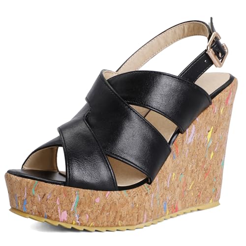 Klarmar Damen Keilabsatz Sandals Peep Toe Plateau Sommer Sandales Leisure High Sandalen Bride Prom Schuhe Schwarz Gr 41 EU/43 von Klarmar