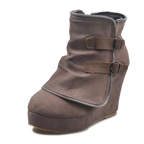 Klarmar Damen Keilabsatz Stiefel Damen Wildleder Ankle Stiefeletten Leisure Plateau Kurzschaft Stiefel Chukka Stiefeletten Retro Khaki Gr 40.5 EU/42 von Klarmar