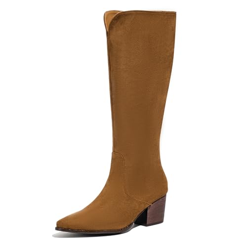 Klarmar Damen Kenn High Blockabsatz Stiefel Wildleder Reitstiefel Pointed Toe Reißverschluss Wildleder Overknees Stiefel Winter Braun Gr 38 EU/39 von Klarmar