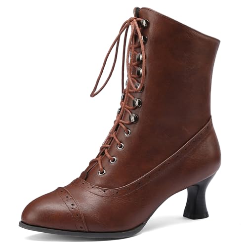 Klarmar Damen Kitten Heel Stiefel Damen Runde Zehen Schnüren Stiefeletten Runde Zehen Stiefeletten Biker Klassische Kitten Stiefeletten Braun Gr 34 EU von Klarmar