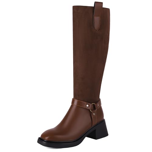 Klarmar Damen Kniehohe Stiefel Blockabsatz Geschirrstiefel Reißverschluss Chunky Heel Klassische Reitstiefel Overknees Stiefel Braun Gr 35 EU von Klarmar