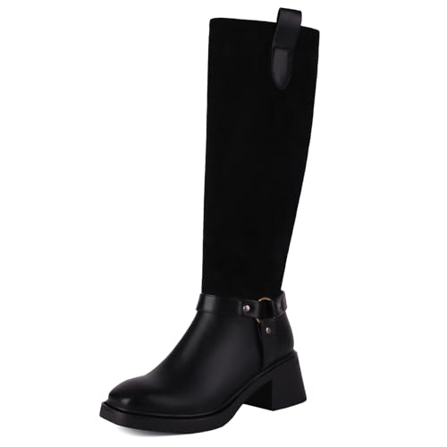 Klarmar Damen Kniehohe Stiefel Blockabsatz Geschirrstiefel Reißverschluss Chunky Heel Klassische Reitstiefel Overknees Stiefel Schwarz Gr 36 EU von Klarmar