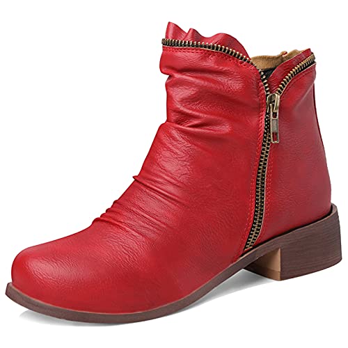 Klarmar Damen Low Block Stiefel Runde Zehen Leisure Stiefel Side Reißverschluss Chukka Stiefeletten Komfort Stiefel Draußen Rot Gr 36 EU/23CM von Klarmar