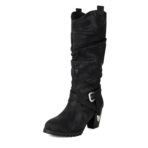 Klarmar Damen Mid Lockere Stiefel Blockabsatz Retro Stiefel Leisure Ohne Verschluss Runde Zehen Klassische Hohe Stiefel Schwarz Gr 38 EU/39 von Klarmar