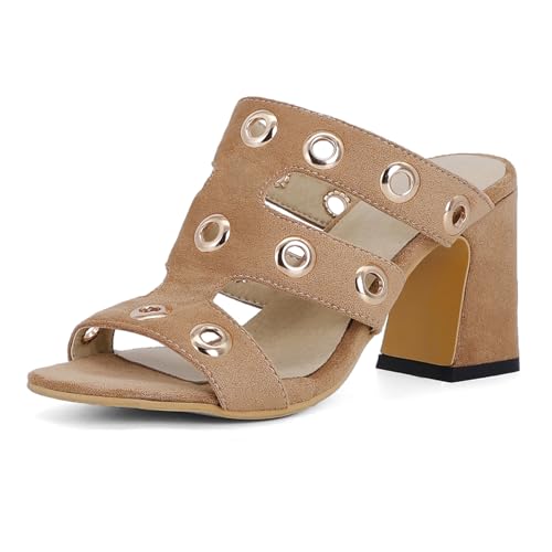 Klarmar Damen Mode Mules Wildleder Blockabsatz Pantoffeln Ohne Verschluss Retro Höhe Ferse Sandals Wildleder Braun Gr 43 EU/45 von Klarmar