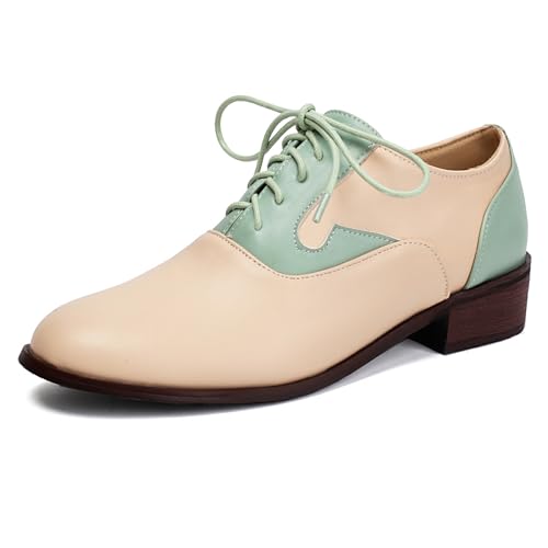 Klarmar Damen Mode Oxford Flach Schuhe Schnüren Arbeit Schuhe Leisure Runde Zehen Klassische Splicing Pump Aprikose-Grün Gr 40.5 EU/42 von Klarmar