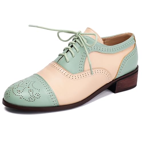 Klarmar Damen Mode Oxford Flach Schuhe Schnüren Arbeit Schuhe Leisure Runde Zehen Klassische Splicing Pump Aprikose-Grün Gr 40.5 EU/42 von Klarmar