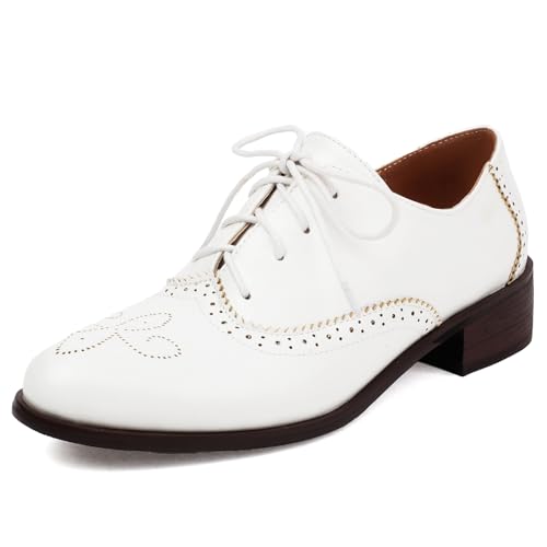 Klarmar Damen Oxford Brogue Chunky Schuhe Retro Schnüren Pumps Brogue Pump Flach Schuhe Schnüren Arbeit Schuhe Buro Retro Schuhe Weiß Gr 40 EU/41/25.5CM von Klarmar