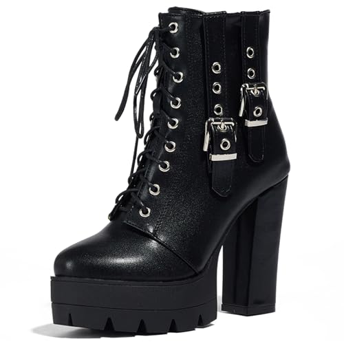 Klarmar Damen Plateau Ankle Stiefeletten Damen Schnürstiefel Stiefeletten Runde Zehen Draußen Leisure Hohen Blockabsatz Stiefeletten Schwarz Gr 39 EU/40 von Klarmar