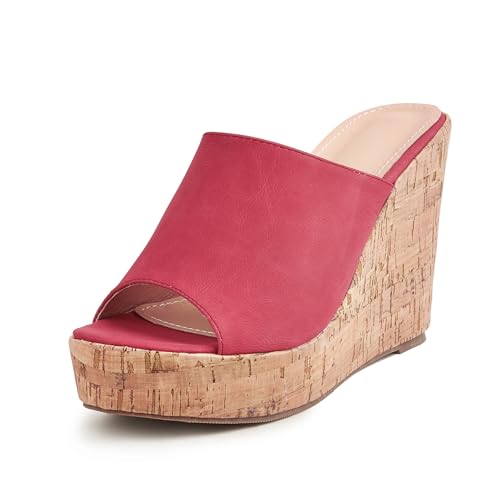 Klarmar Damen Plateau Mules Peep Toe Sommer Pantoffeln Ohne Verschluss Keilabsatz Party Sommer Hochzeit Sandals Rot Gr 36 EU von Klarmar