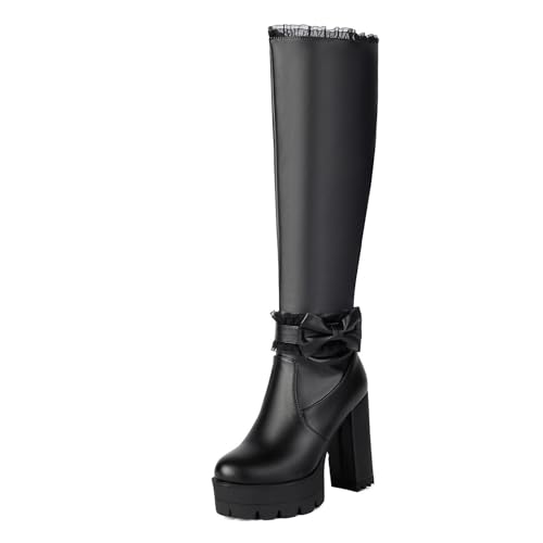 Klarmar Damen Plateau Overknees Stiefel Höhe Ferse Warm Partystiefel Runde Zehen Bogen Ruffles Warm Kniehohe Stiefel Prom Bride Schwarz Gr 45 EU/47 von Klarmar