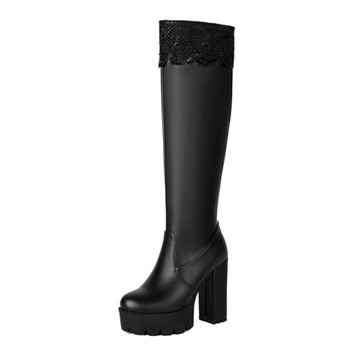Klarmar Damen Plateau Overknees Stiefel Höhe Ferse Warm Partystiefel Runde Zehen Bogen Ruffles Warm Kniehohe Stiefel Prom Bride Schwarz Gr 46 EU/48 von Klarmar