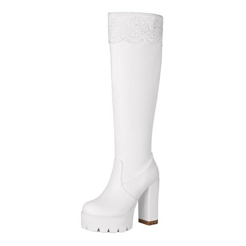 Klarmar Damen Plateau Overknees Stiefel Höhe Ferse Warm Partystiefel Runde Zehen Bogen Ruffles Warm Kniehohe Stiefel Prom Bride Weiß Gr 42 EU/44 von Klarmar