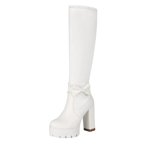 Klarmar Damen Plateau Overknees Stiefel Höhe Ferse Warm Partystiefel Runde Zehen Bogen Ruffles Warm Kniehohe Stiefel Prom Bride Weiß Gr 47 EU/49 von Klarmar