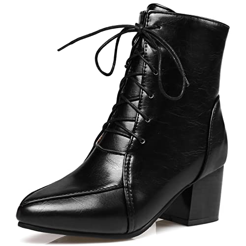 Klarmar Damen Pointed Toe Stiefeletten Mode Schnüren Mitte Absatz Casula Motorradstiefel Chunky Heel Schwarz Gr 32 EU/21CM von Klarmar
