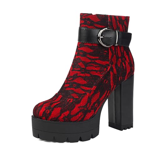 Klarmar Damen Print Plateau Stiefel Hohen Blockabsatz Stiefel Elegant Runde Zehen Side Reißverschluss Retro Partystiefel Rot Gr 42 EU/44 von Klarmar