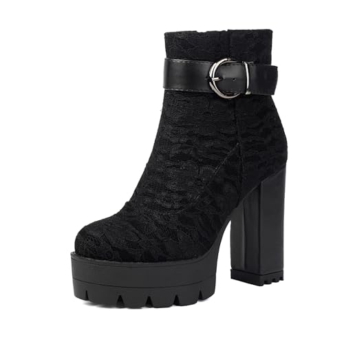 Klarmar Damen Print Plateau Stiefel Hohen Blockabsatz Stiefel Elegant Runde Zehen Side Reißverschluss Retro Partystiefel Schwarz Gr 37 EU/38 von Klarmar