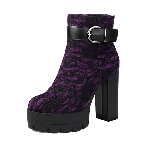 Klarmar Damen Print Plateau Stiefel Hohen Blockabsatz Stiefel Elegant Runde Zehen Side Reißverschluss Retro Partystiefel Violett Gr 36.5 EU/37 von Klarmar