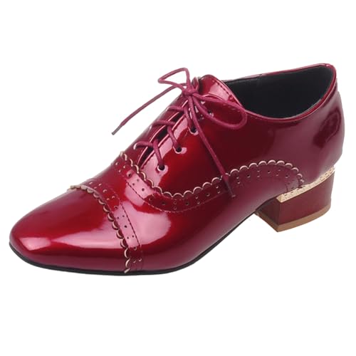 Klarmar Damen Schnüren Büroschuhe Oxford Chunky Schuhe Lack Brogue Block Schuhe Büroschuhe Rot Gr 37 EU/38 von Klarmar