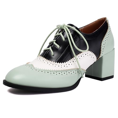 Klarmar Damen Schnüren Colorful Oxford Runde Zehen Block Schuhe Mode Party Abendschuhe Brogue Blau Gr 36.5 EU/37 von Klarmar