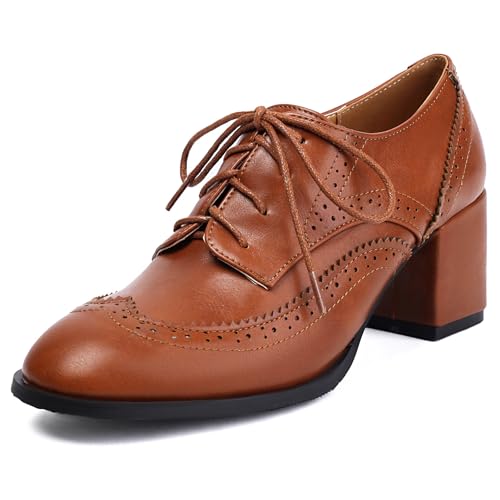 Klarmar Damen Schnüren Colorful Oxford Runde Zehen Block Schuhe Mode Party Abendschuhe Brogue Braun Gr 40.5 EU/42 von Klarmar