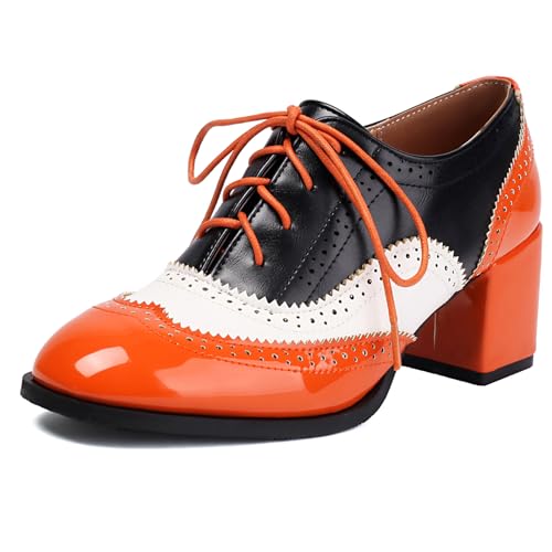Klarmar Damen Schnüren Colorful Oxford Runde Zehen Block Schuhe Mode Party Abendschuhe Brogue Orange Gr 36.5 EU/37 von Klarmar
