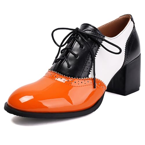 Klarmar Damen Schnüren Colorful Oxford Runde Zehen Block Schuhe Mode Party Abendschuhe Brogue Orange Gr 40.5 EU/42 von Klarmar