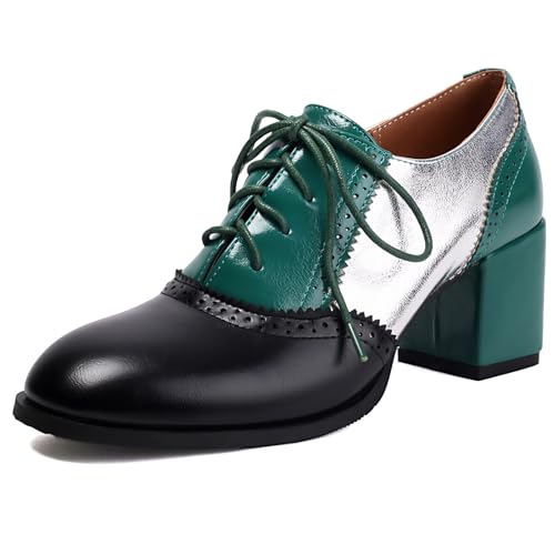 Klarmar Damen Schnüren Colorful Oxford Runde Zehen Block Schuhe Mode Party Abendschuhe Brogue Schwarz Gr 40.5 EU/42 von Klarmar