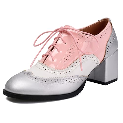 Klarmar Damen Schnüren Colorful Oxford Runde Zehen Block Schuhe Mode Party Abendschuhe Brogue Silber Gr 37 EU/38 von Klarmar