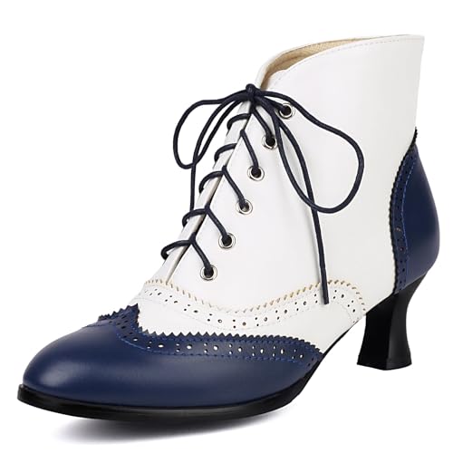 Klarmar Damen Schnüren Stiefeletten Retro Kitten Stiefeletten Buro Blockabsatz Brogue Stiefeletten Blau Gr 40.5 EU/42 von Klarmar