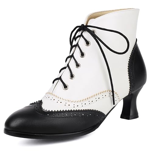 Klarmar Damen Schnüren Stiefeletten Retro Kitten Stiefeletten Buro Blockabsatz Brogue Stiefeletten Schwarz Gr 35 EU von Klarmar