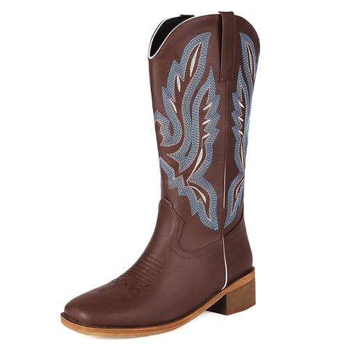 Klarmar Damen Square Toe Klassische Westernstiefel Damen Halbschaft Leisure Comfy Draußen Bestickt Stiefel Braun Gr 46 EU/48 von Klarmar
