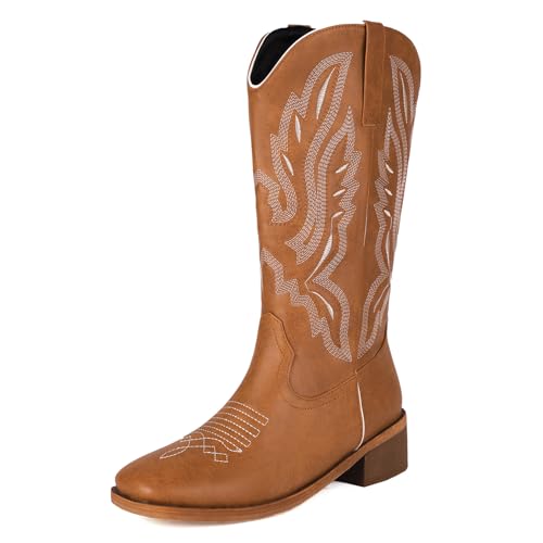 Klarmar Damen Square Toe Klassische Westernstiefel Damen Halbschaft Leisure Comfy Draußen Bestickt Stiefel Gelb Gr 36.5 EU/37 von Klarmar