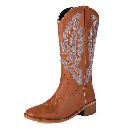 Klarmar Damen Square Toe Klassische Westernstiefel Damen Halbschaft Leisure Comfy Draußen Bestickt Stiefel Gelb Gr 45 EU/47 von Klarmar