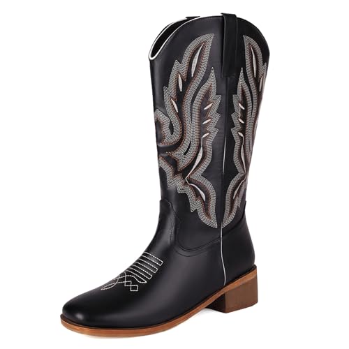 Klarmar Damen Square Toe Klassische Westernstiefel Damen Halbschaft Leisure Comfy Draußen Bestickt Stiefel Schwarz Gr 36 EU von Klarmar