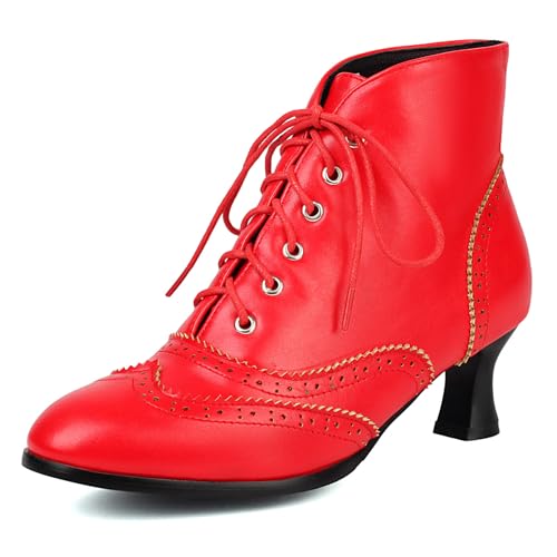 Klarmar Damen Stiefeletten Runde Zehen Schnüren Kitten Stiefel Retro Brogue Stiefeletten Buro Comfy Stiefeletten Rot Gr 36.5 EU/37 von Klarmar