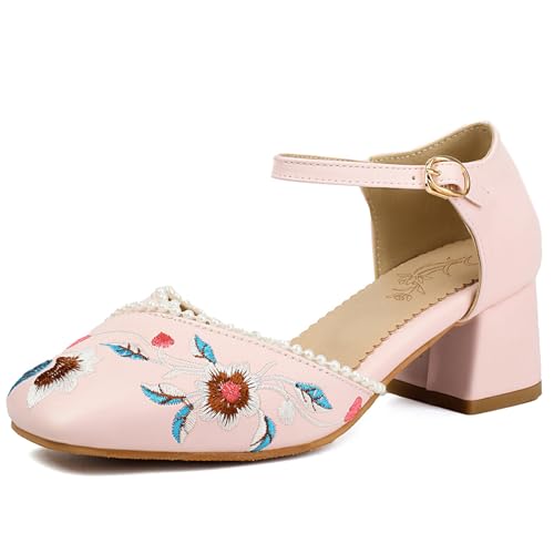Klarmar Damen Sweet Mary Jane Strap Sandals Ruffles Lovely Party Mitte Blockabsatz Bogen Pink Gr 36.5 EU/37 von Klarmar